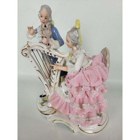 Vintage Dresden Potschappel Porcelain Figurine Lady Man Playing Harp Violin Lace - Picture 4 of 10